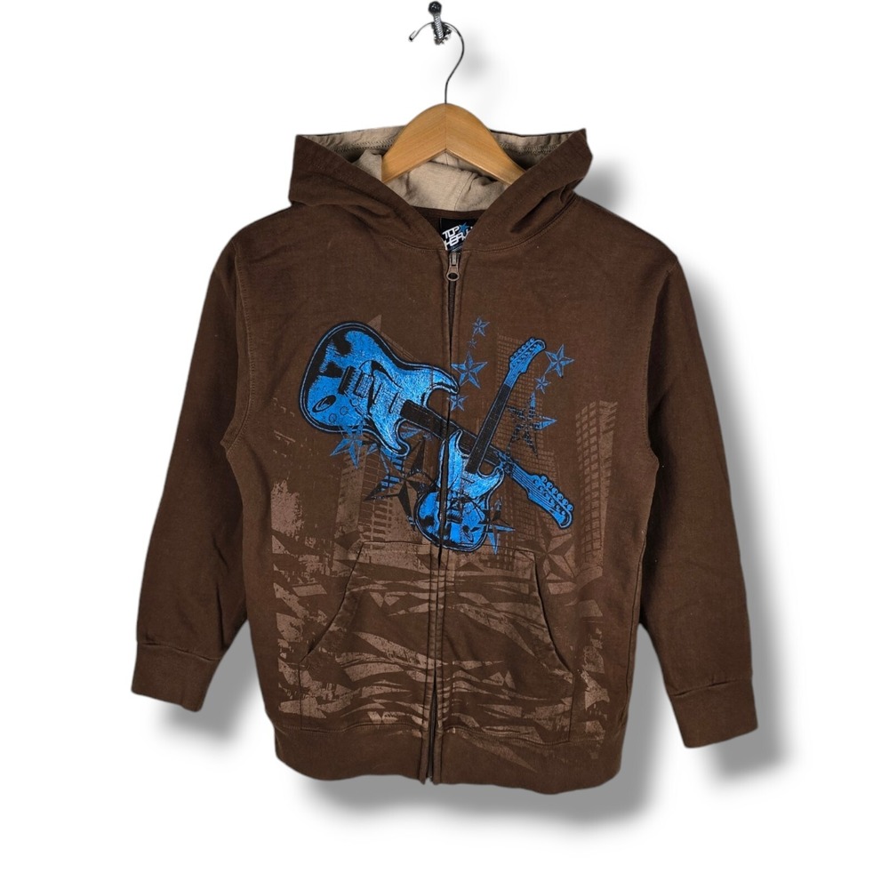 Vintage Y2K Top Heavy Guitar Star City Brown Full Zip Hoodie Sweatshirt Youth M‎